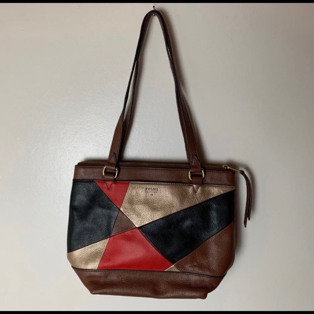 Fossil Shoulder Bag Purse Leather Colorblock Brown